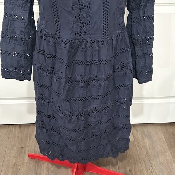 Roolee Navy Blue Long Sleeve Cotton Eyelet Fit Flare Modest Dress Size Medium - Picture 3 of 8